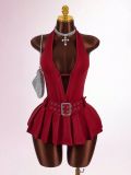 Waist-hugging, halter-neck, backless, deep-V pleated short dress