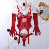 Embroidery patchwork mesh gloves, body-shaping underwear, split suit, with steel ring