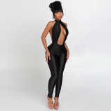 Sleeveless halter backless tight jumpsuit