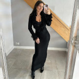 Long sleeved tassel deep V-neck solid color knitted hip hugging dress