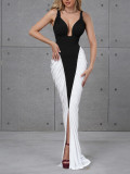 Backless hanging neck V-neck color blocked hip hugging dress