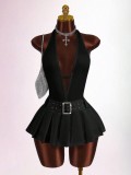 Waist-hugging, halter-neck, backless, deep-V pleated short dress