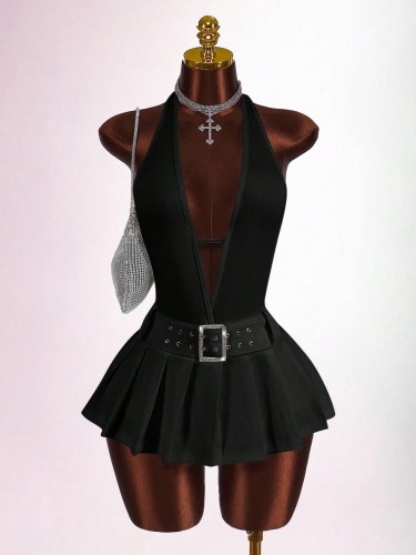 Waist-hugging, halter-neck, backless, deep-V pleated short dress