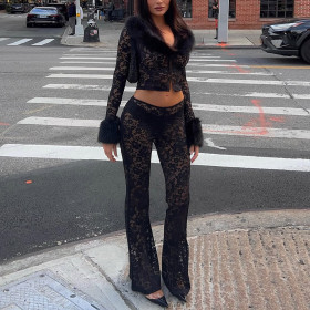 Mao collar long sleeved printed lace exposed navel perspective two-piece set