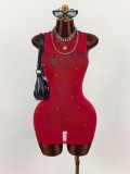 Floral-print sleeveless fitted dress with a cinched waist and a fitted hip, featuring a short skirt