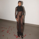 Mesh see-through stitching high-waisted tight dress set