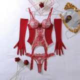 Embroidery patchwork mesh gloves, body-shaping underwear, split suit, with steel ring