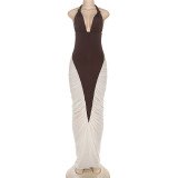 Backless hanging neck V-neck color blocked hip hugging dress