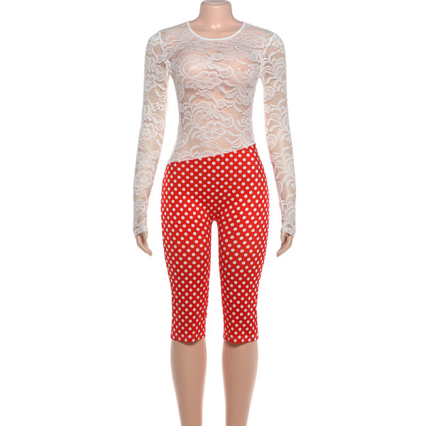 Lace-spliced polka dot printed tight-fitting backless jumpsuit