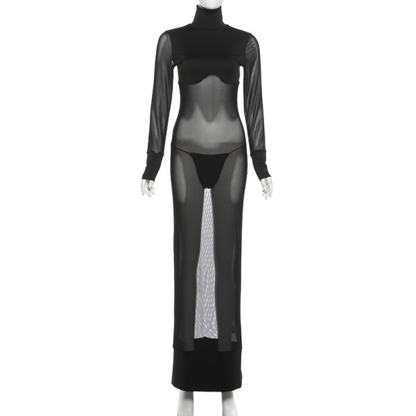 Mesh see-through stitching high-waisted tight dress set