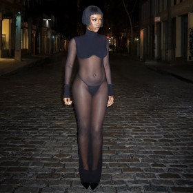 Mesh see-through stitching high-waisted tight dress set