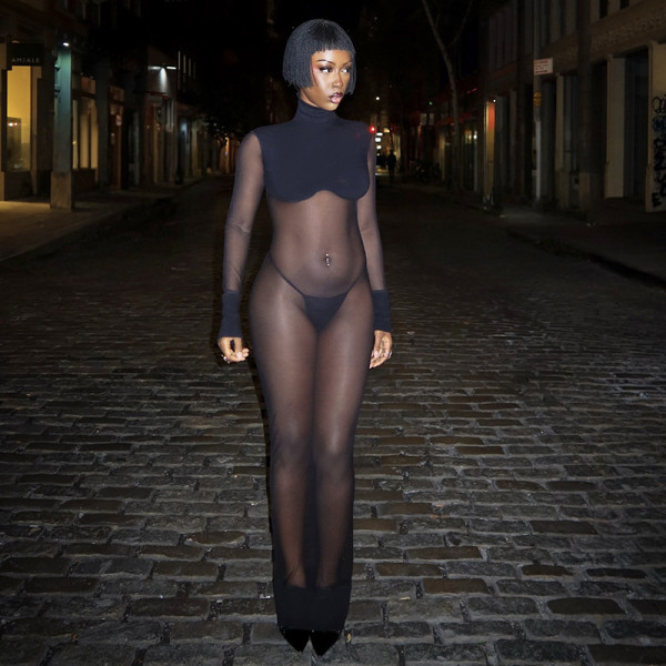 Mesh see-through stitching high-waisted tight dress set