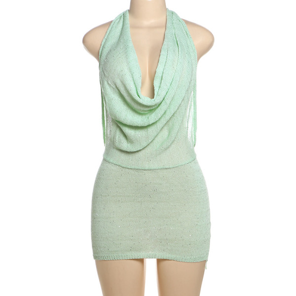 Pile collar hanging neck V-neck backless knitted dress