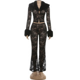 Mao collar long sleeved printed lace exposed navel perspective two-piece set