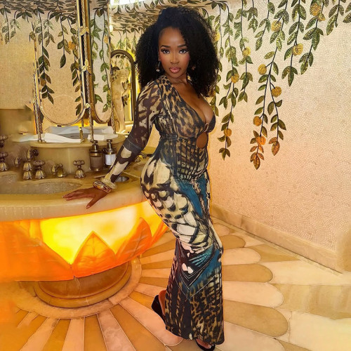 Loop buckle hip hugging low neck long sleeved dress with a back slit