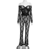 Lace-up hollowed-out off-shoulder one-piece neckline fitted waist high-waisted flare pants set
