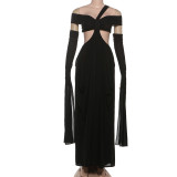 Hanging collar solid color patchwork sleeve hollow dress