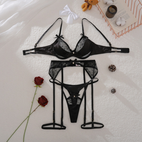 Lace bra set, mesh see-through, gathering steel ring, body-shaping, four-piece set