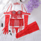 Perspective mesh fringed hollow-out underwear set, six-piece set with no need to take off, backless and body-shaping