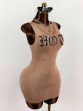 Floral-print sleeveless fitted dress with a cinched waist and a fitted hip, featuring a short skirt