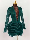 Long-sleeved lace-spliced solid-colored pleated deep V-neck hip-hugging short dress