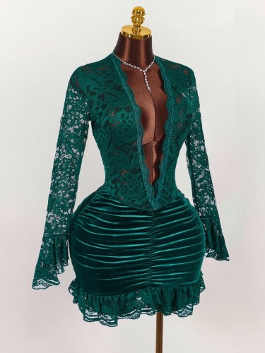 Long-sleeved lace-spliced solid-colored pleated deep V-neck hip-hugging short dress