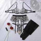 U-shaped snake skin embroidery thin underwear set with stockings and body-shaping