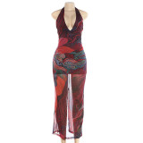 V-neck sleeveless halter backless dress