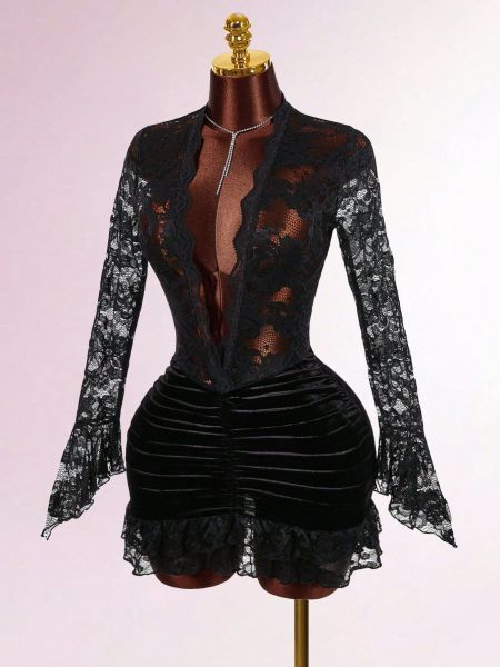 Long-sleeved lace-spliced solid-colored pleated deep V-neck hip-hugging short dress
