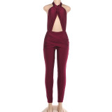 Sleeveless halter backless tight jumpsuit