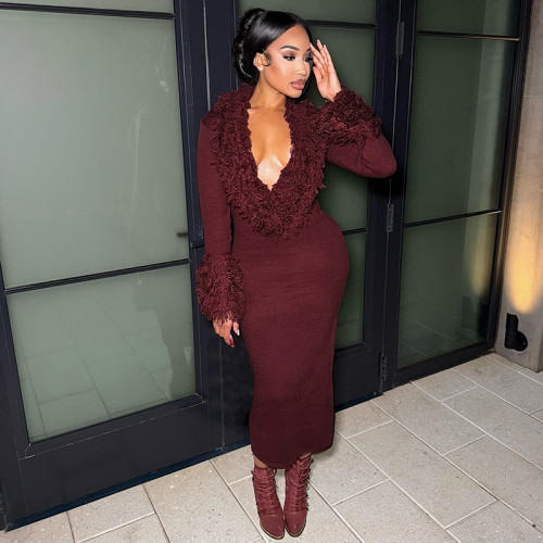 Long sleeved tassel deep V-neck solid color knitted hip hugging dress
