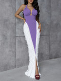Backless hanging neck V-neck color blocked hip hugging dress