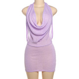Pile collar hanging neck V-neck backless knitted dress