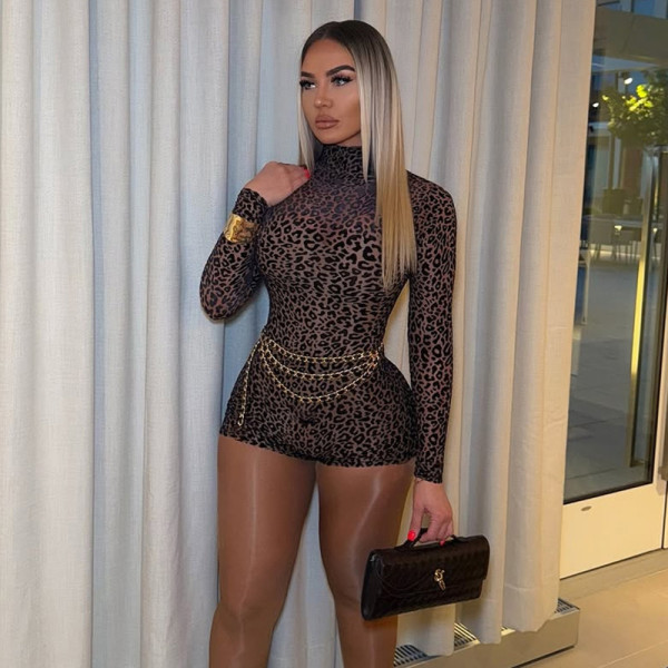 Half high neck leopard print bag hip jumpsuit
