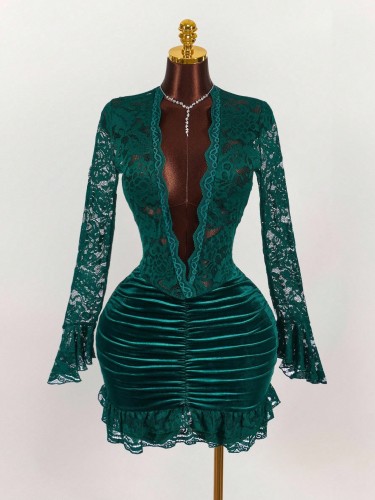 Long-sleeved lace-spliced solid-colored pleated deep V-neck hip-hugging short dress