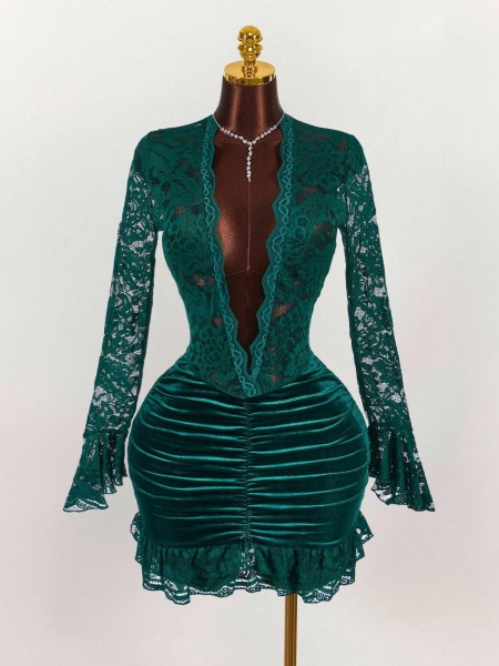 Long-sleeved lace-spliced solid-colored pleated deep V-neck hip-hugging short dress