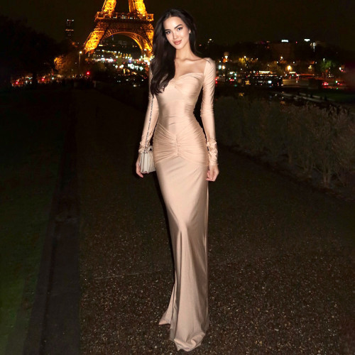 Pleated and spliced solid-color high-waisted dress