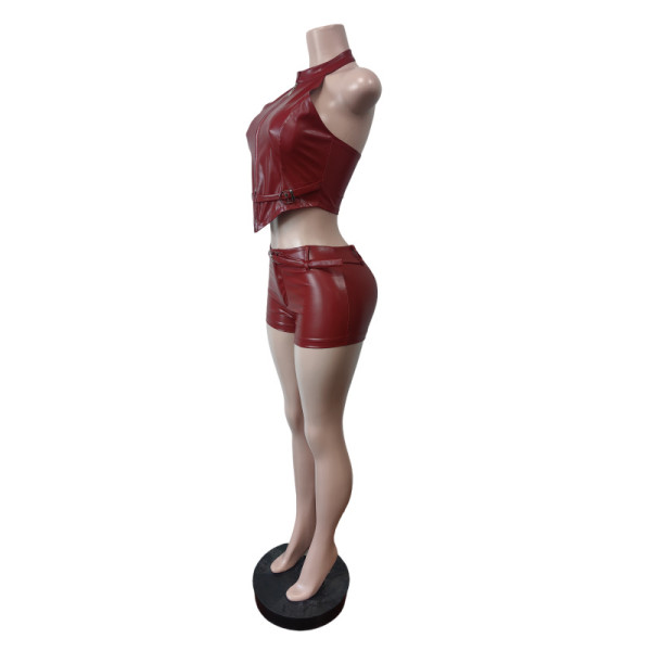 Leather adjustable waistband shorts elastic set