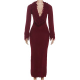 Long sleeved tassel deep V-neck solid color knitted hip hugging dress