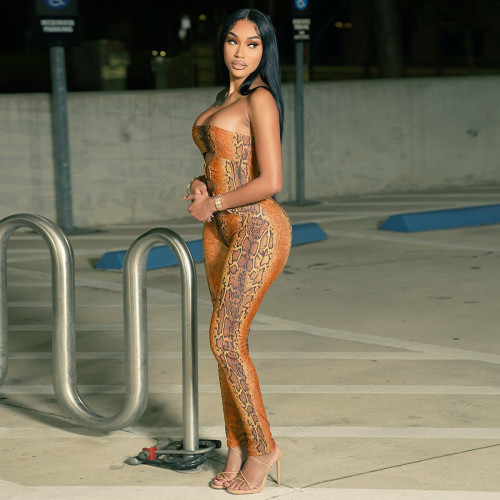 Decorative buckle snake pattern strapless hollow jumpsuit