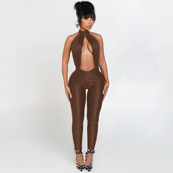 Sleeveless halter backless tight jumpsuit