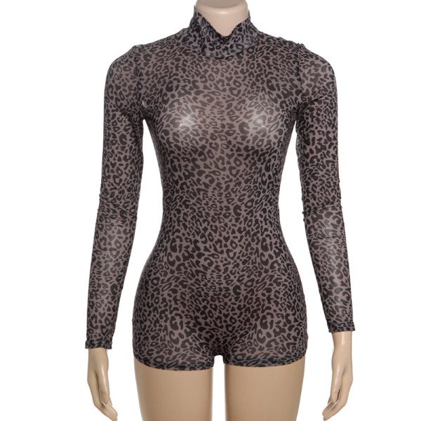 Half high neck leopard print bag hip jumpsuit