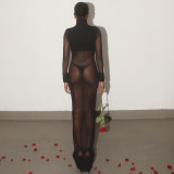 Mesh see-through stitching high-waisted tight dress set
