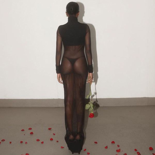 Mesh see-through stitching high-waisted tight dress set