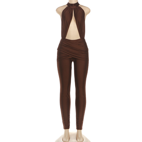 Sleeveless halter backless tight jumpsuit