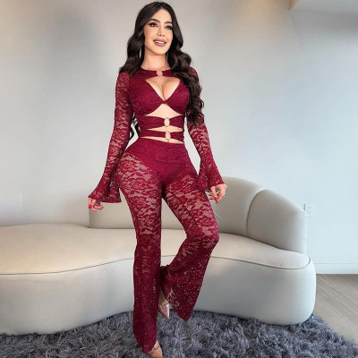 Metal buckle patchwork lace hollow micro flared pants jumpsuit