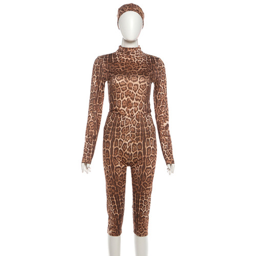 Long sleeved semi high neck top with leopard print cropped pants set