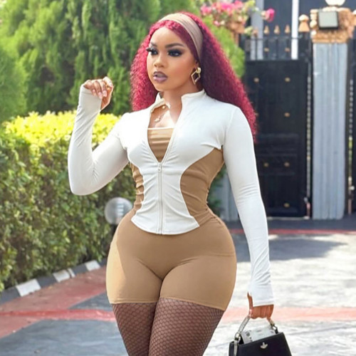 Stand up collar zipper sleeve, finger sleeve top, contrasting sports shorts set