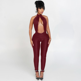 Sleeveless halter backless tight jumpsuit