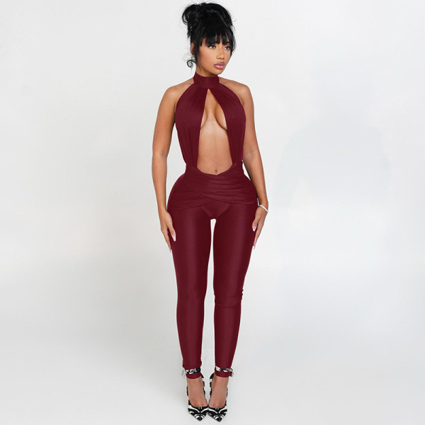 Sleeveless halter backless tight jumpsuit